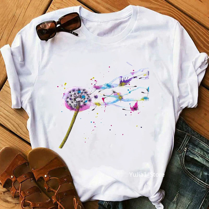 

2022 Hot Sale Watercolor Dandelion Print T-Shirt Women'S Clothing Funny Best Wish Tshirt Femme Summer Tops Tee Shirt Female