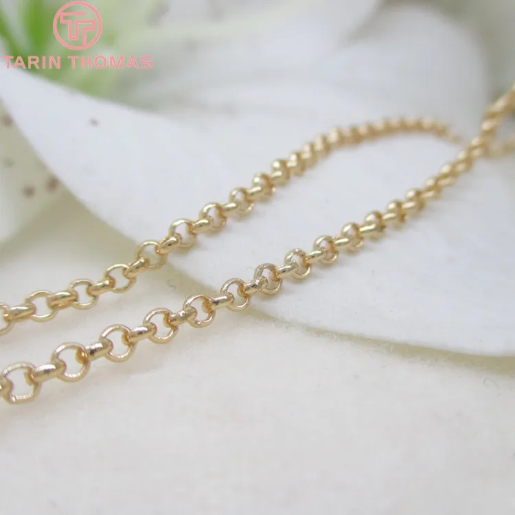 (4292)2 Meter 2MM 2.5MM 3MM 24K Champagne Gold Color Plated Brass Round Link Chains Necklace Chains Quality Jewelry Accessories