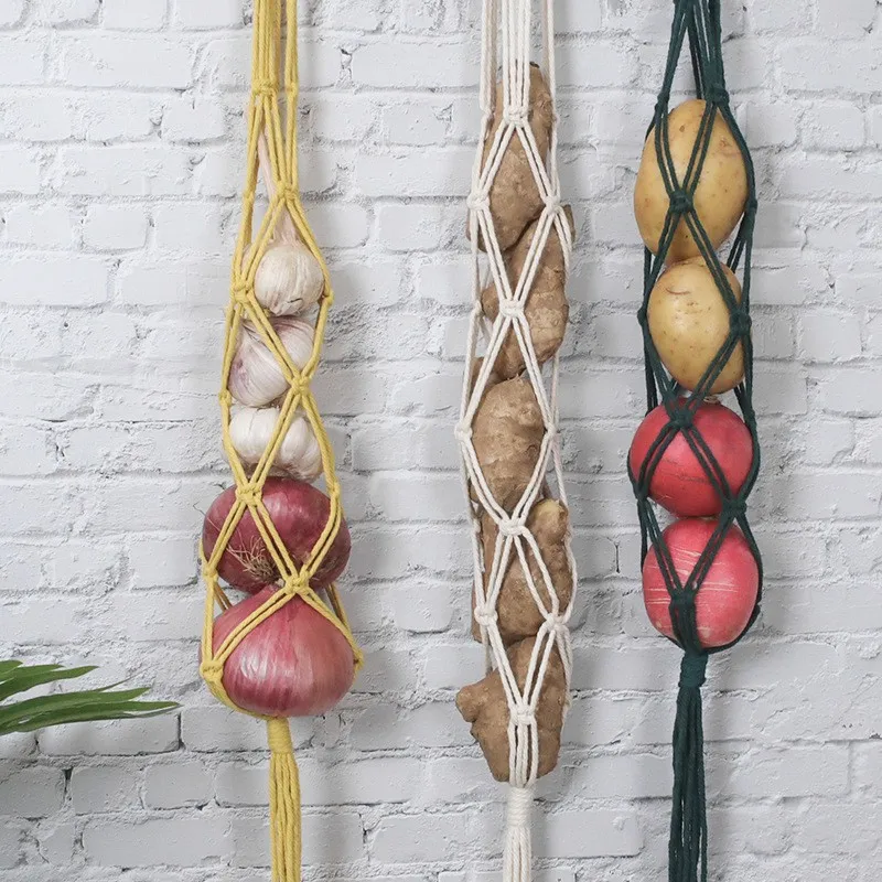 Cotton Woven Fruit Basket Potato Onion Hanging Vegetable Storage Kitchen Organizer Wall Hanging Storage Boho Interior Decor