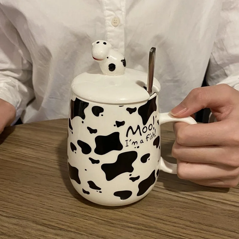 Moo! I'm a Fish! Ceramic Water Mug Dairy Cow Design Office Coffee Mug,Cute Morning Breakfast Milk Coffee Mugs With Lid Spoon image 6