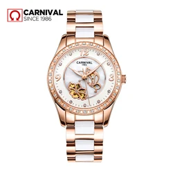 Carnival-reloj mecánico de acero inoxidable para mujer, cronógrafo con correa de cerámica de oro rosa de lujo, con esqueleto luminoso de diamante, a la moda