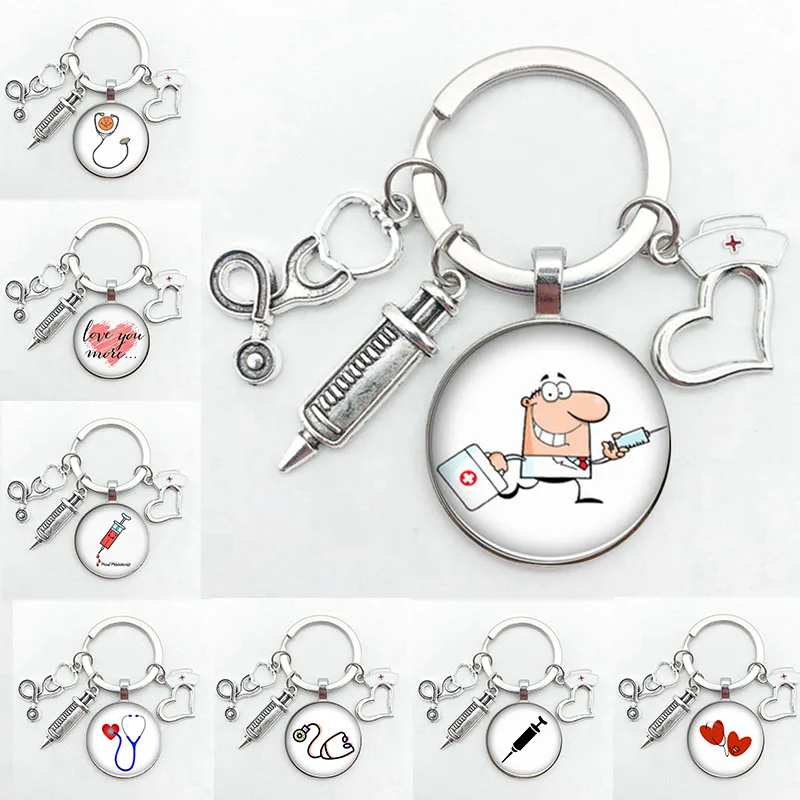 25mm Handmade Nurse Medical Syringe Stethoscope Key Chain Key Ring Keep Calm And Nurse In Key Ring Holder Gift To Doctor Nurse