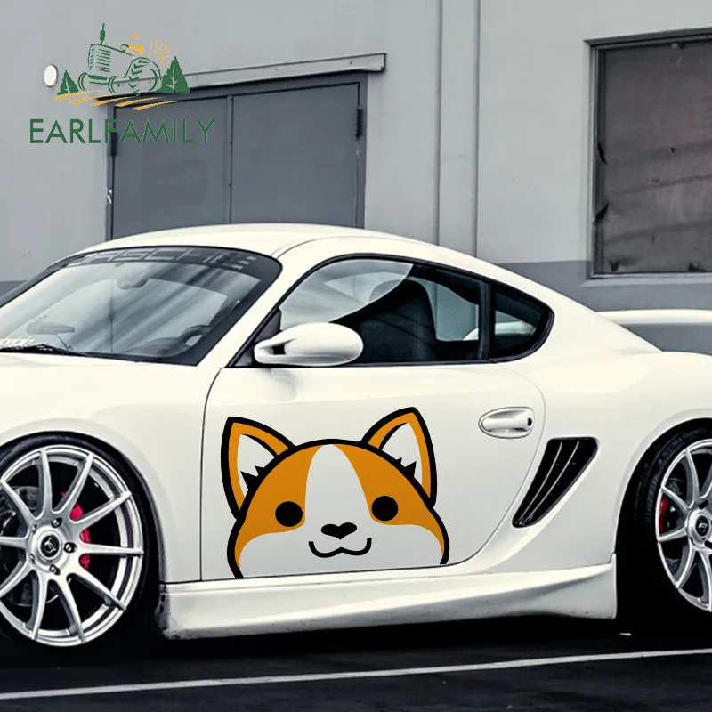 EARLFAMILY 43cm x 35.8cm Funny Car Body Sticker FOR Peeking Corgi Decal Vinyl Car Door Windows Decoration Occlusion Scratch