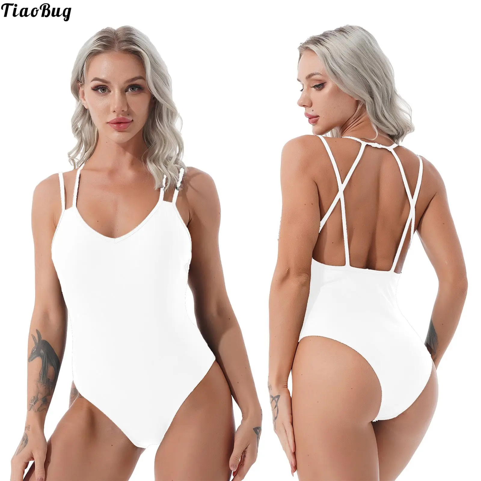 

Summer Women Criss Cross Back Strap Leotard Solid Color V Neck Removable Padded Cup Bodysuit For Dance Gymnastics Training