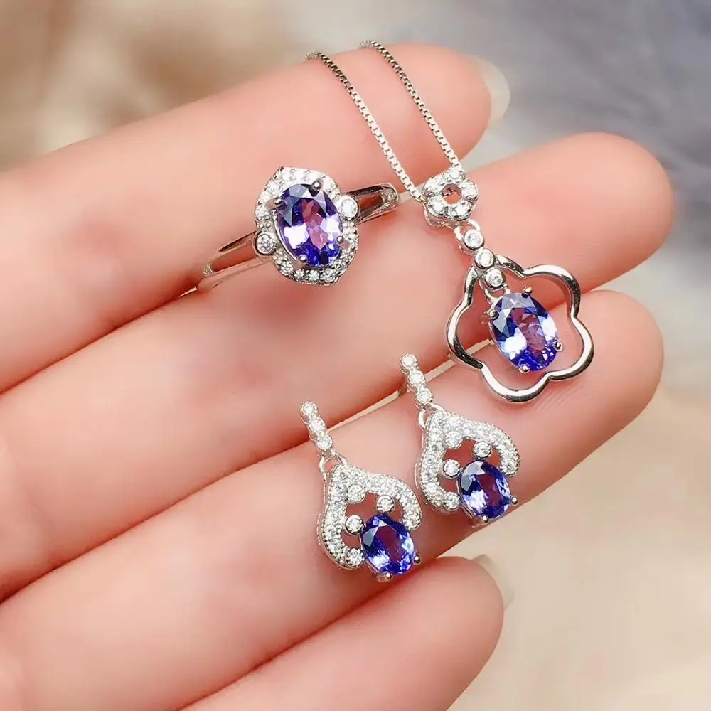 Free Shipping Natural Tanzanite jewelry set Natural Real Tanzanite 925 sterling silver 1pc pendant,1pc ring ,2pcs Earring