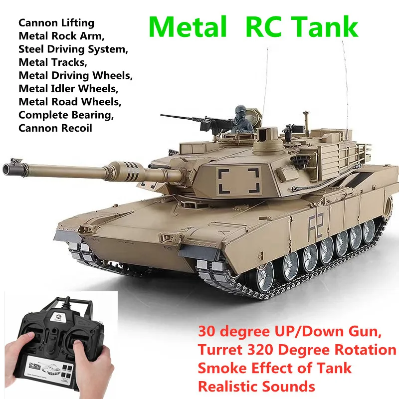 1/16 RC Tank  360° Turret Barrel Recoil Metal Driving Wheels,  Metal Tank Model Control Distance 150m  Cannon Lifting