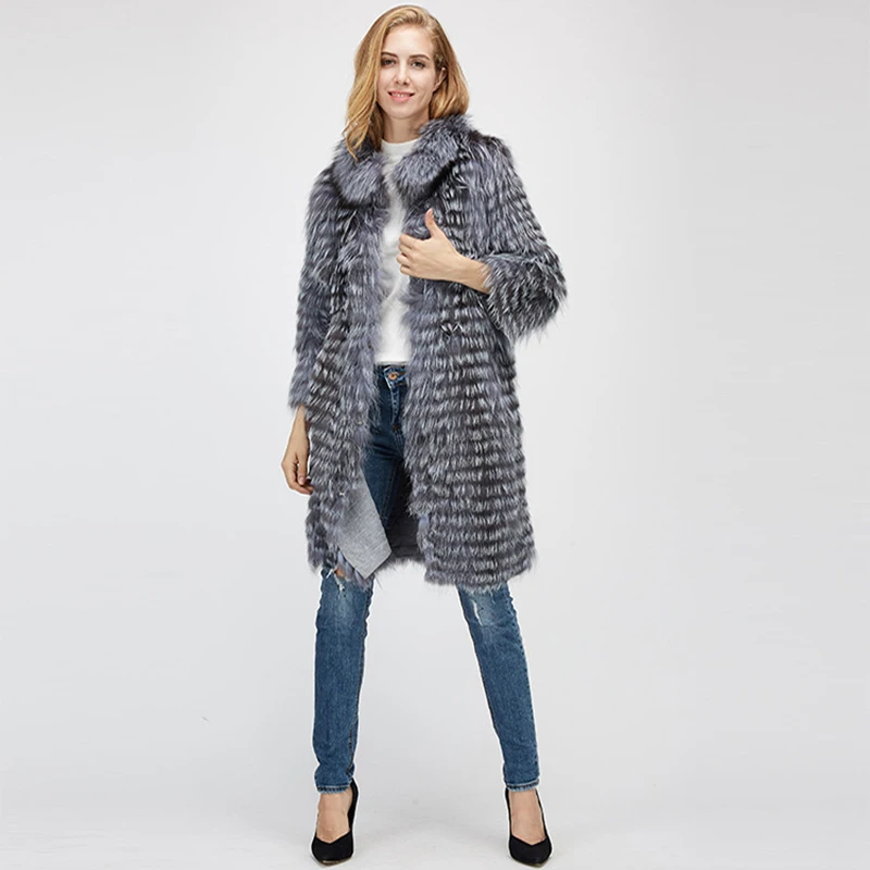 Women\'s winter fur coat is really silver fox fur long size