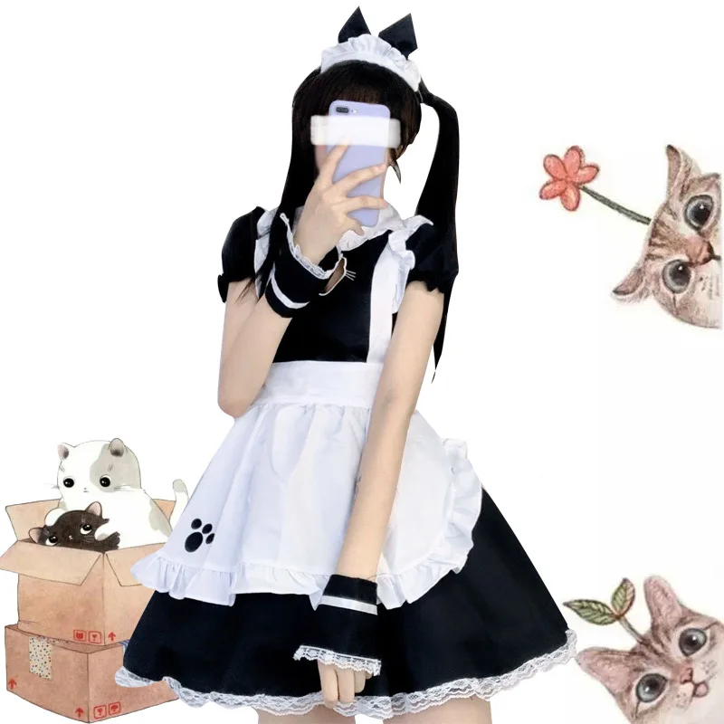 Cat Maid Outfit COSPLAY Sexy Lolita Anime Cute Soft Girl Maid Uniform Appealing Set Stage Costume Accessories 5 Piece Set