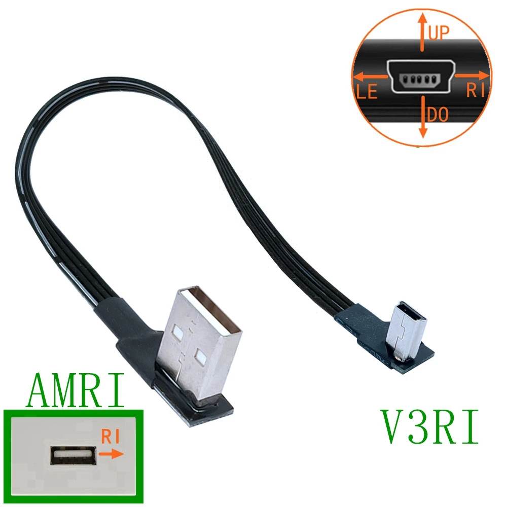 Mini USB tipo B, Cable de datos macho de 5 pines, arriba, abajo, izquierda, derecha, ángulo de 90 grados a USB 2,0