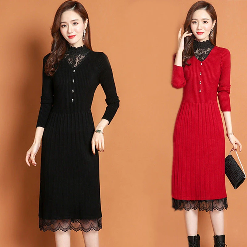 Korean Fashion Vintage Sweater Dress For Women Winter Sexy Casual Long Woman Aesthetic Elegant Knitted Bodycon Lace Dresses