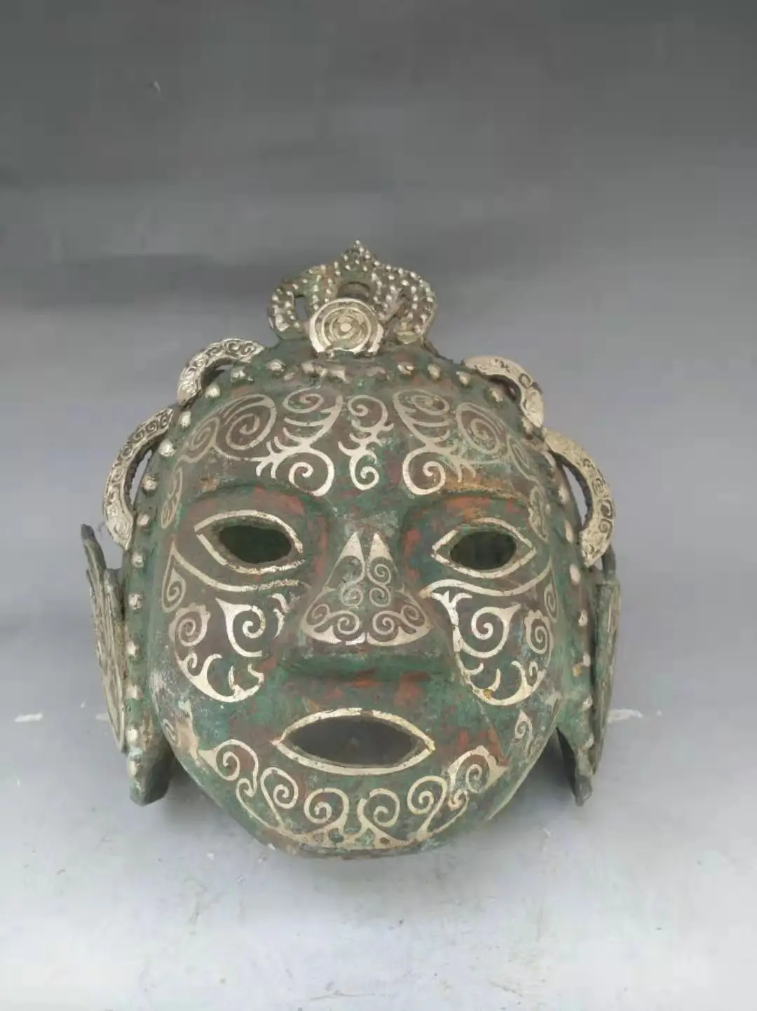 Rare Old Chinese Han dynasty(25-186) Samurai bronze&silver helmet of fighter,Ancient knight mask