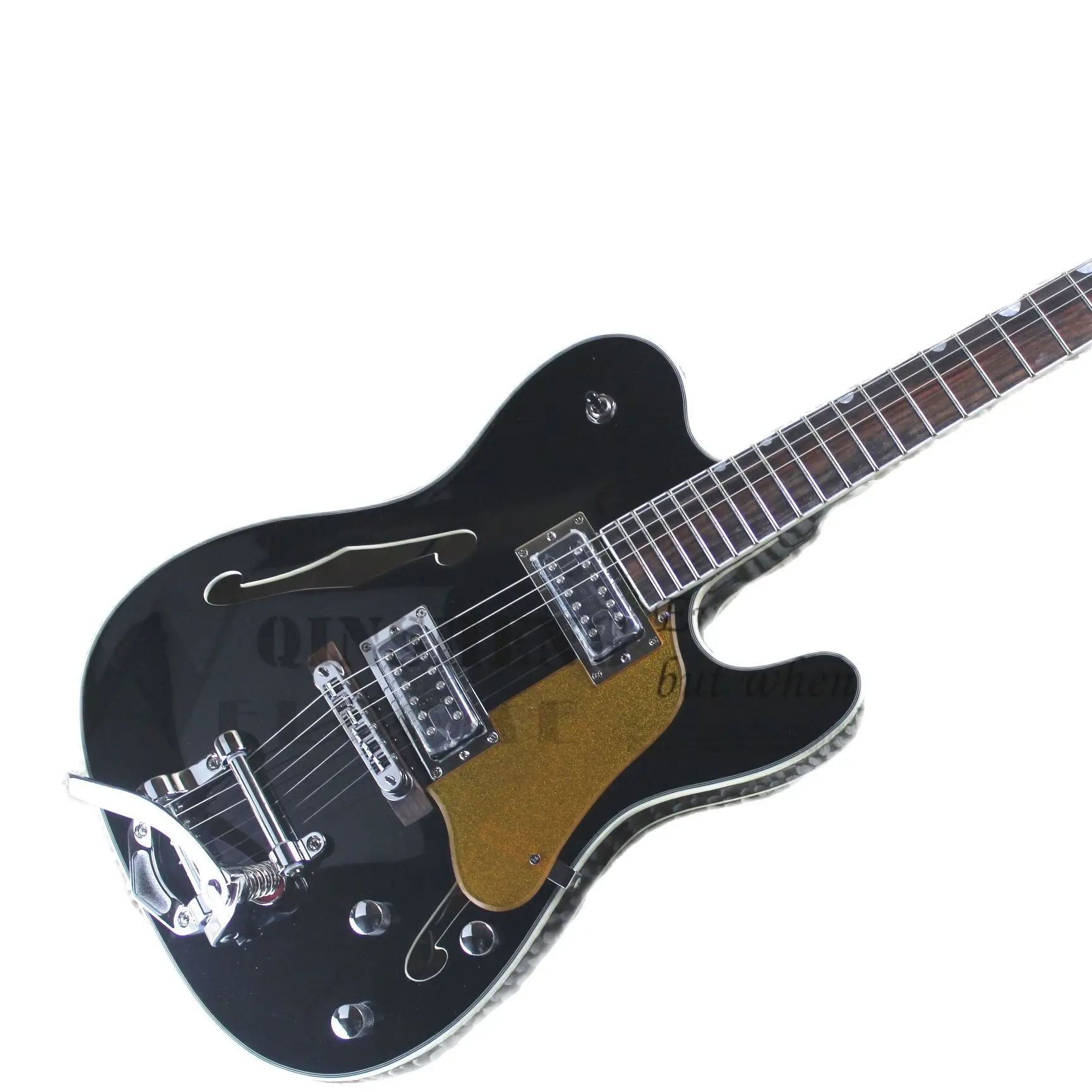 

Factory Custom Electric Guitar Tel Guitar,Semi-hollow Black Body Chrome Tremolo Bridge Gold Pickups