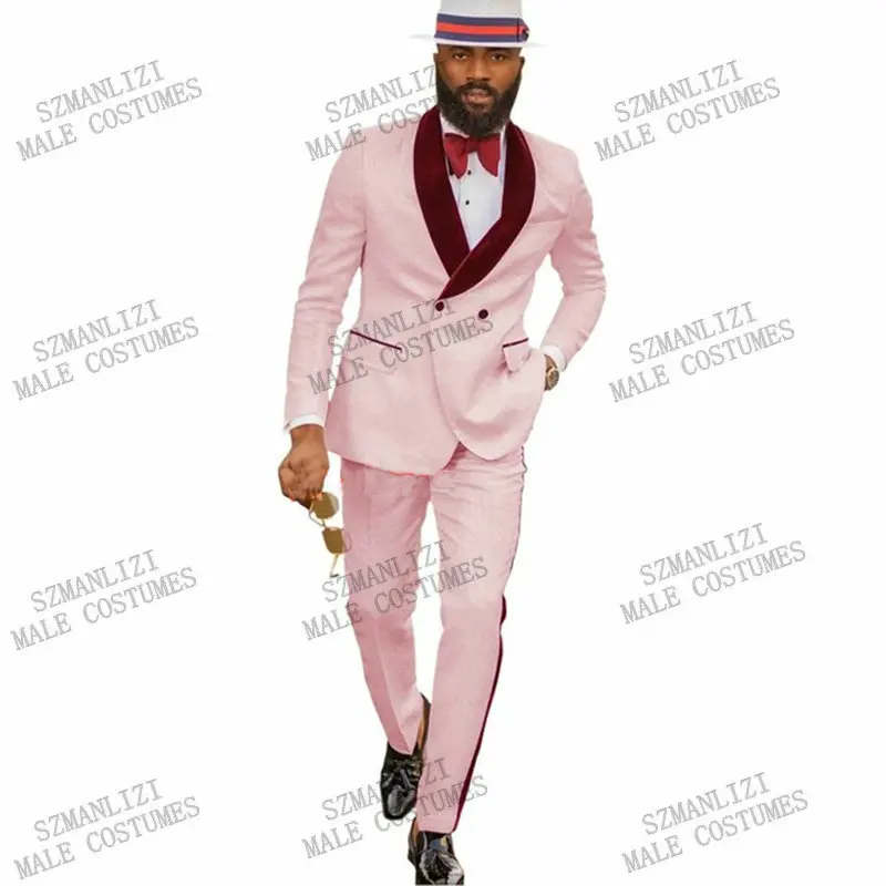 

Fashion Pink Double Breasted Costume Homme Men's Suits Wedding Tuxedos 2 Pieces Party Groom Prom Slim Fit Terno Masculino Blazer