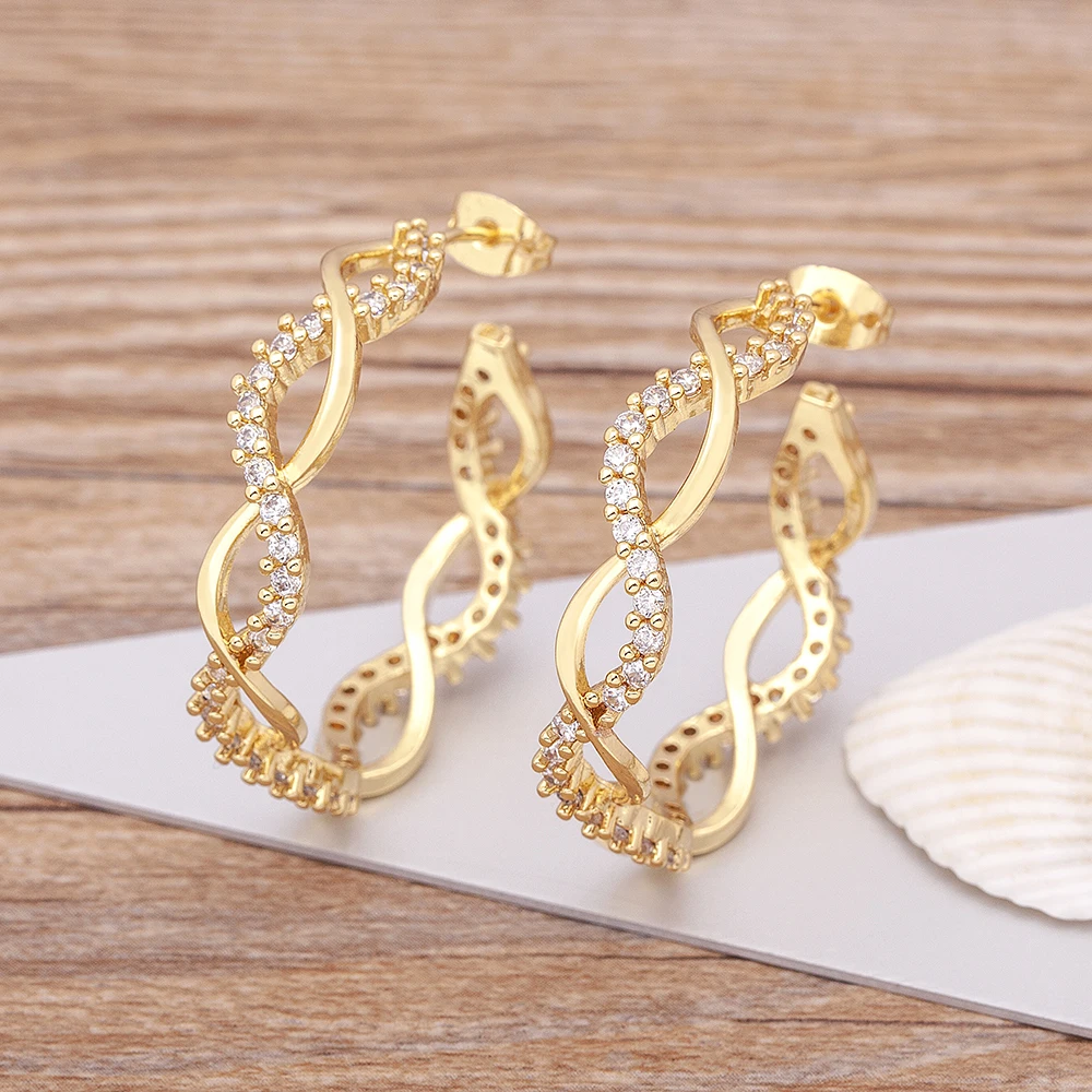 Nidin Heißer Verkauf Neue Design Kupfer Zirkon Kristall Große Hoops Ohrringe für Frauen Twist Fashion Party Geburtstag Schmuck Geschenk