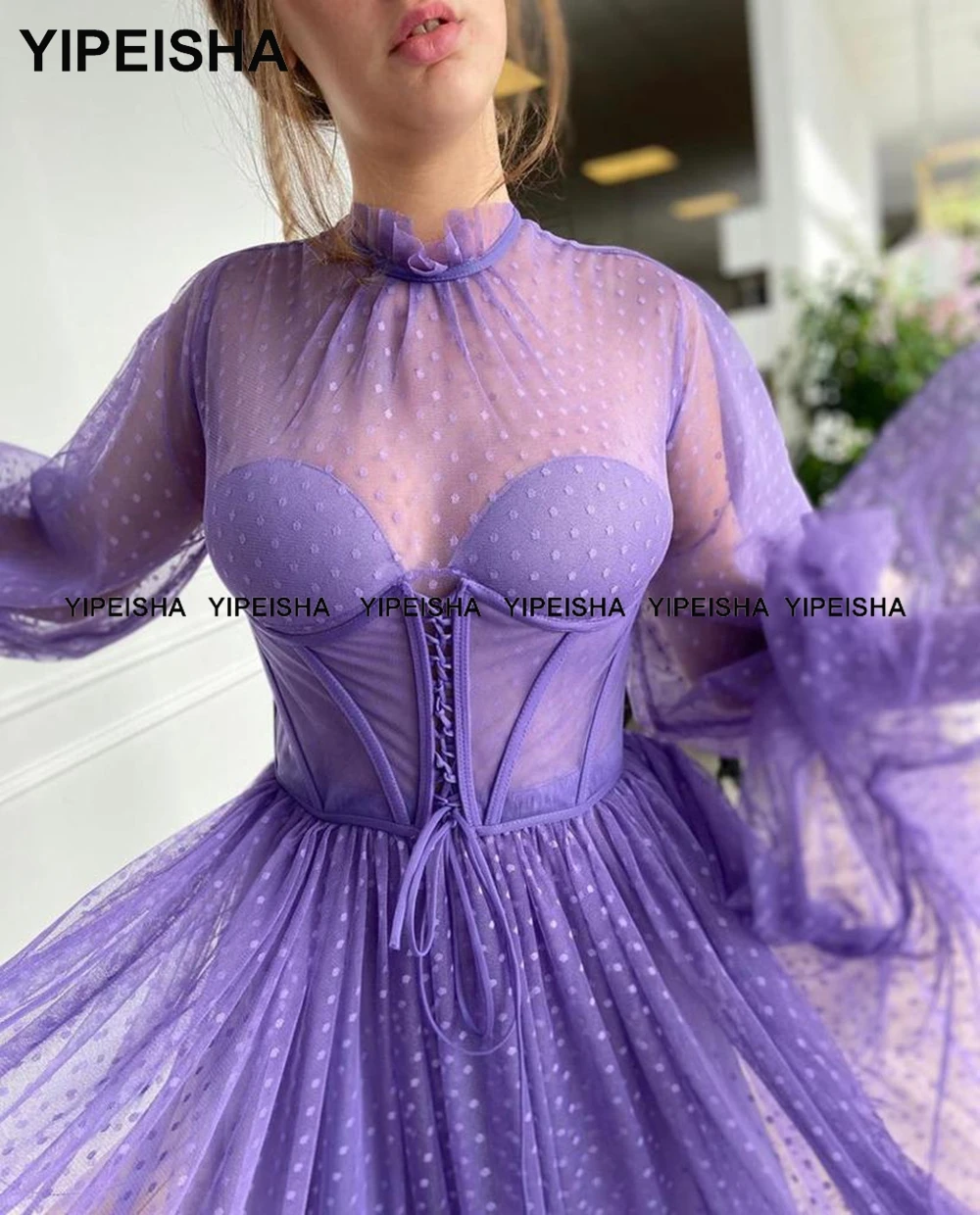 Yipeisha Hoge Hals Paars Prom Dresses Thee Lengte Bladerdeeg Mouwen A-lijn Party Dress Dot Tulle Homecoming Gown Robe De Cocktail