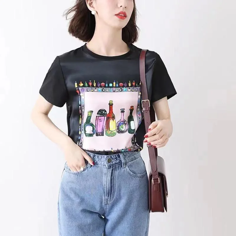 Women Summer Short Sleeve Chiffon Shirts Office Lady Fashion Printing Loose Tshirts For Female Casual O-Neck Tops Mujer