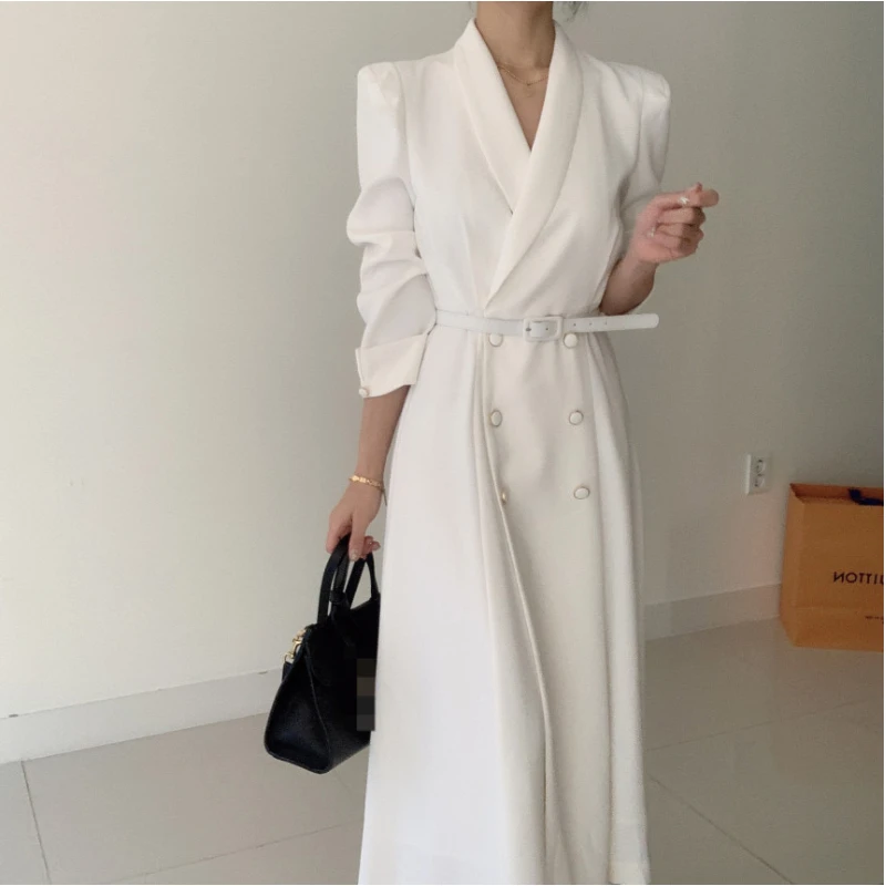 

Spring Elegant Windbreaker Women's White Maxi Dress Korean Clothing Femme Robe Slim Suit Collar Double-Breasted Coat With Belt