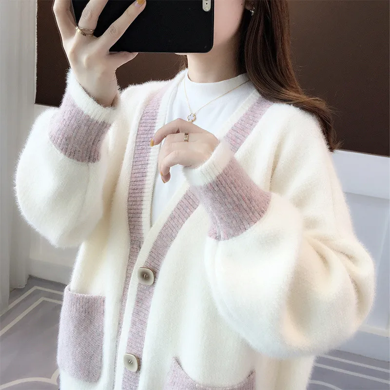 

Fad Women's Autumn Spring Mohair Sweater Knitting Sweet Loose Cardigans Female Single Breasted Lantern Sleeve V Neck Outwear