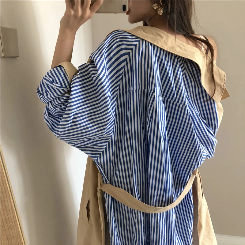 TWOTWINSTYLE Korean Hit Color Windbreaker For Women Lapel Long Sleeve Sashes Print Striped Casual Windbreakers Female Fashion