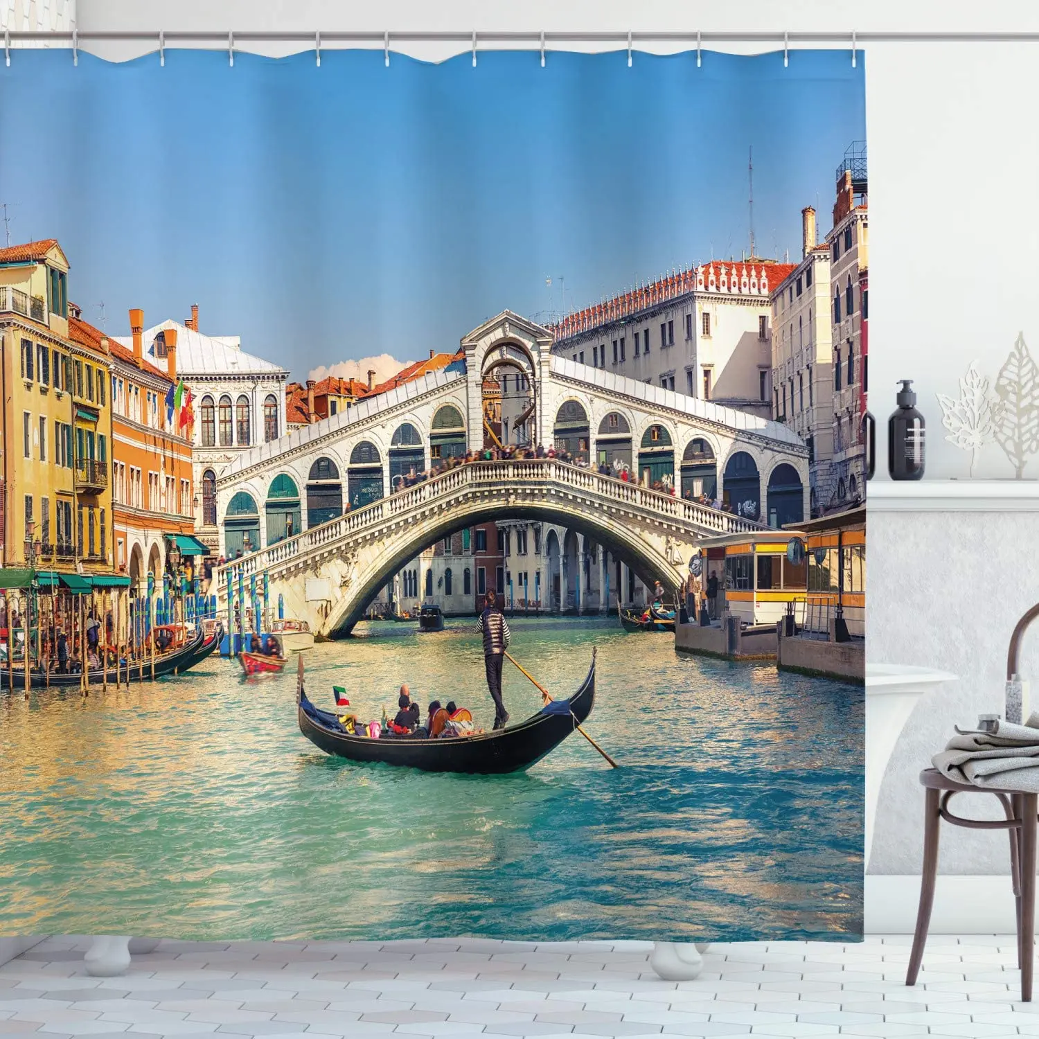 Venice Shower Curtains Cityscape on a Sunny Day with Rialto Bridge Venetian Grand Canal Destination Cloth Fabric Bathroom Decor