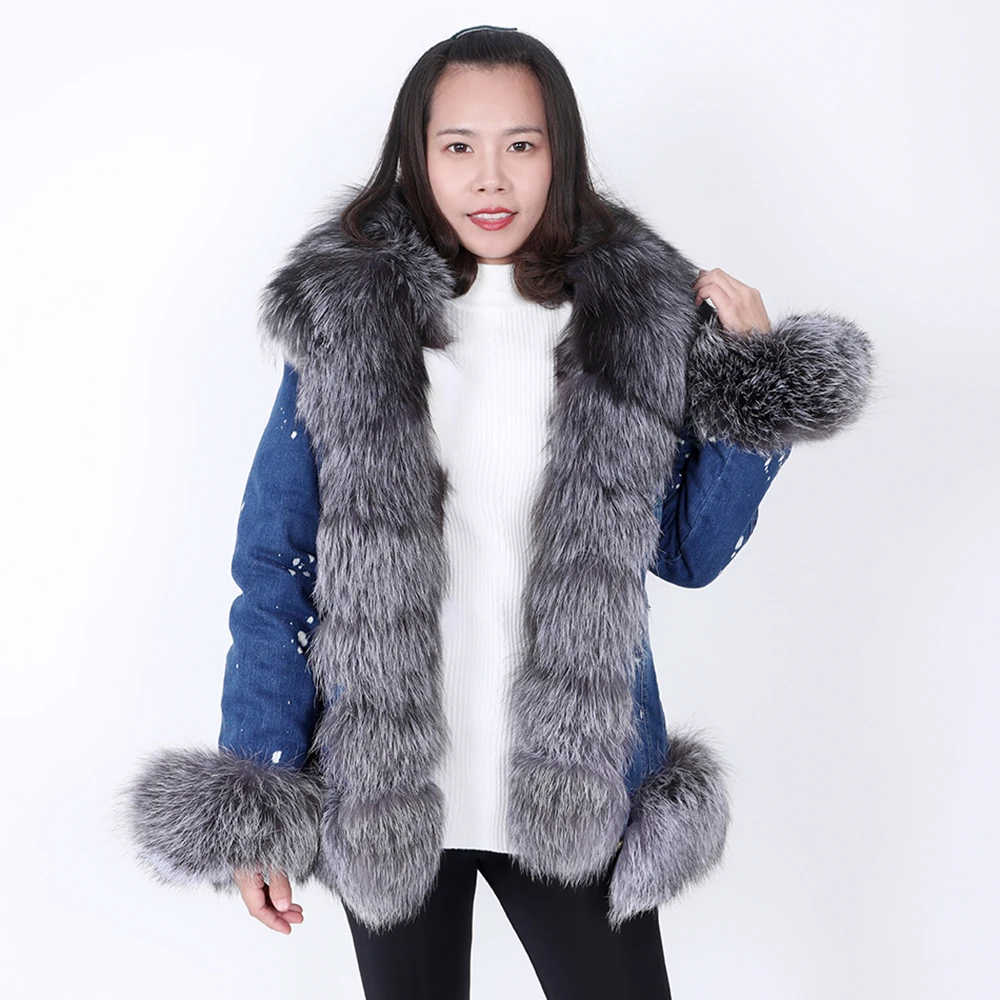 MAOMAOKONG 2020 winter warm detachable fox fur lining denim jacket natural real raccoon fur collar female jacket Women\'s coat