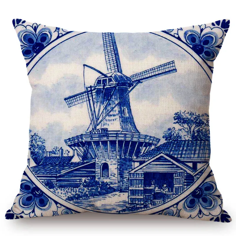 Antique Delft Blue Netherlands Retro Vase Pattern Art Home Decorative Sofa Throw Pillow Case Windmill Canal House Cushion Cover