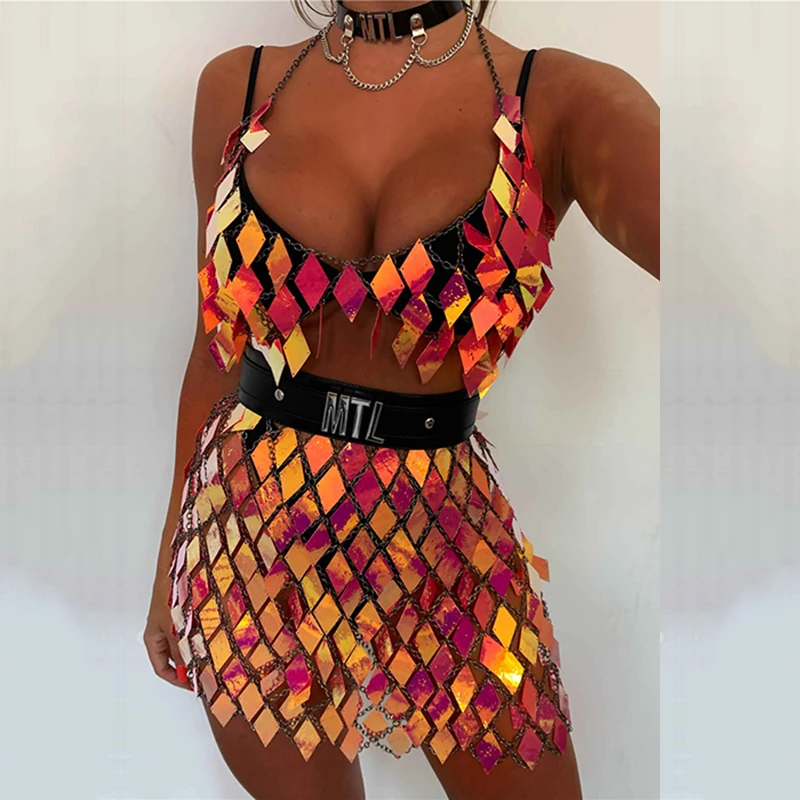 Colorful Shiny Metal Sequined Two Piece Set Halter Low Cut Hollow Out Crop Top Hot Patchwork Skirt Rave Festival Two Piece Sets