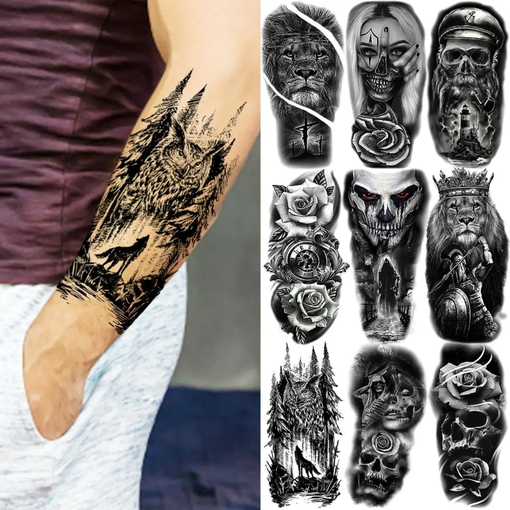 Owl Forest Wolf Temporary Tattoos For Men Boys Realistic Lion Pirate Scary Knight Fake Tattoo Sticker Arm Body Tatoos Waterproof