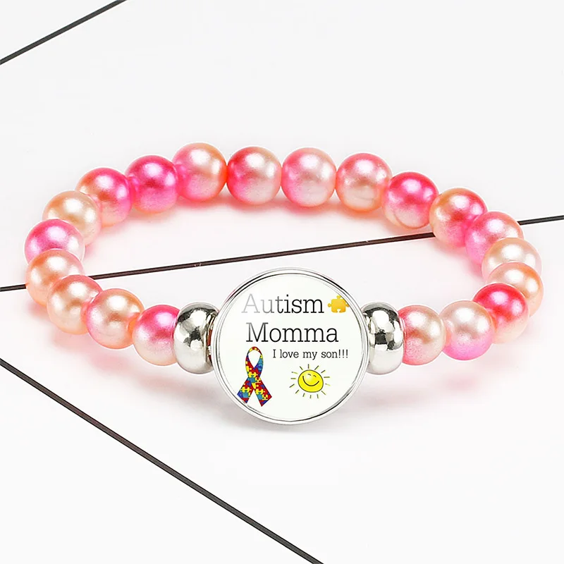 10PC Autism Mom Momma I Love My Son Ribbon Awareness Sunshine Smile Beaded Bracelet 18mm Snap Buttons Women bracelets Jewelry