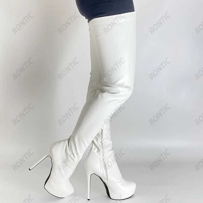 

Rontic Women Spring Crotch Boots Stretch Matt Pu Side Zipper Stiletto Heel Round Toe Elegant Black Night Club Shoes US Size 5-20