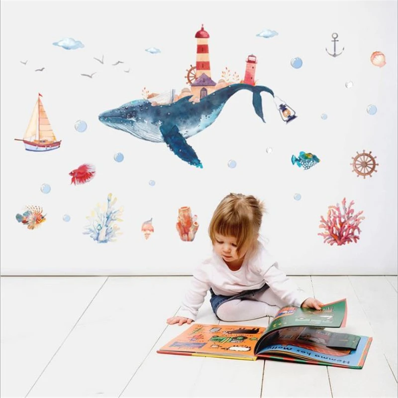 1PC Kids Room Large Underwater World Whale City Watercolor Wall Sticker For Glass Window Bathroom Wall Stickers Home Decor Mural