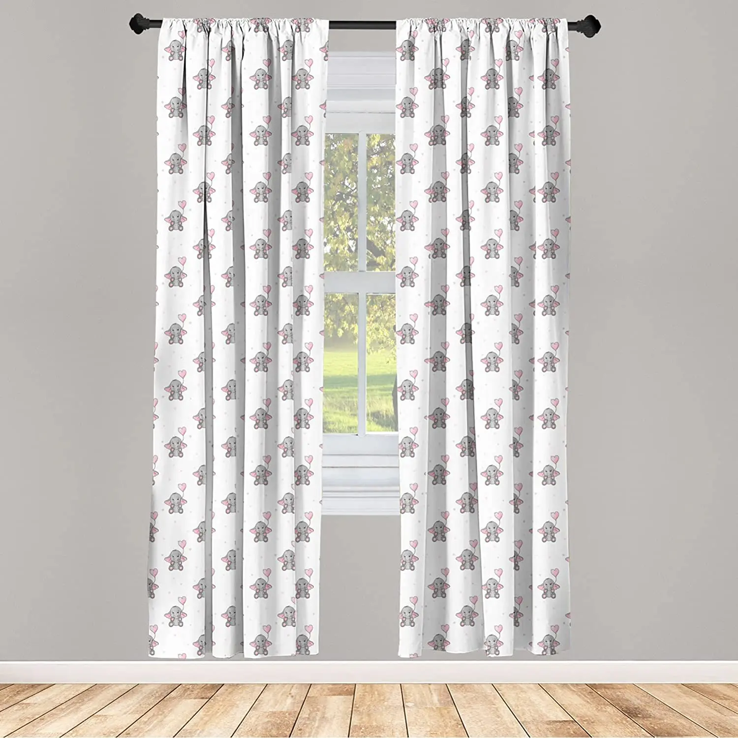 Elephant Nursery Window Curtains Elephants Holding Heart Shaped Pink Balloons Girlish Lightweight Decorative