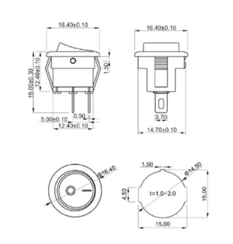 5PCS KCD 15mm KCD11 Rocker Switch 2PIN I/O Button Power Switches Small Size Round KCD-15