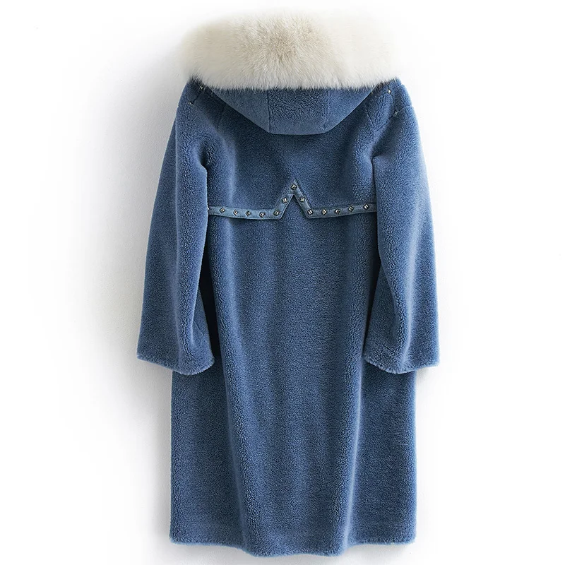 

Real Fur Coat Winter 100% Sheep Shearing Jacket with Large Fox Fur Hooded 2019 Korean Thick Warm Wool Long Jacke 18231051