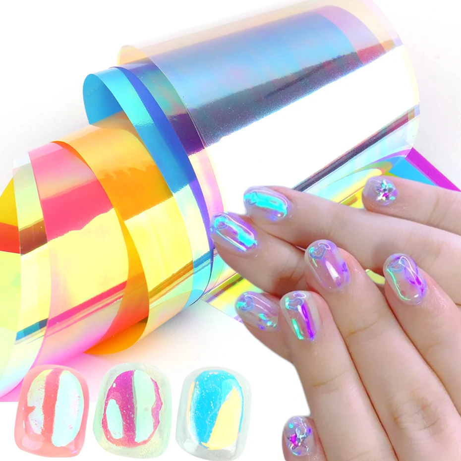 

8pcs Aurora Film Irregular Glass Nail Foils Holographic Mirror Broken Cellophane Transfer Slider Nail Manicure Decoration NL1900