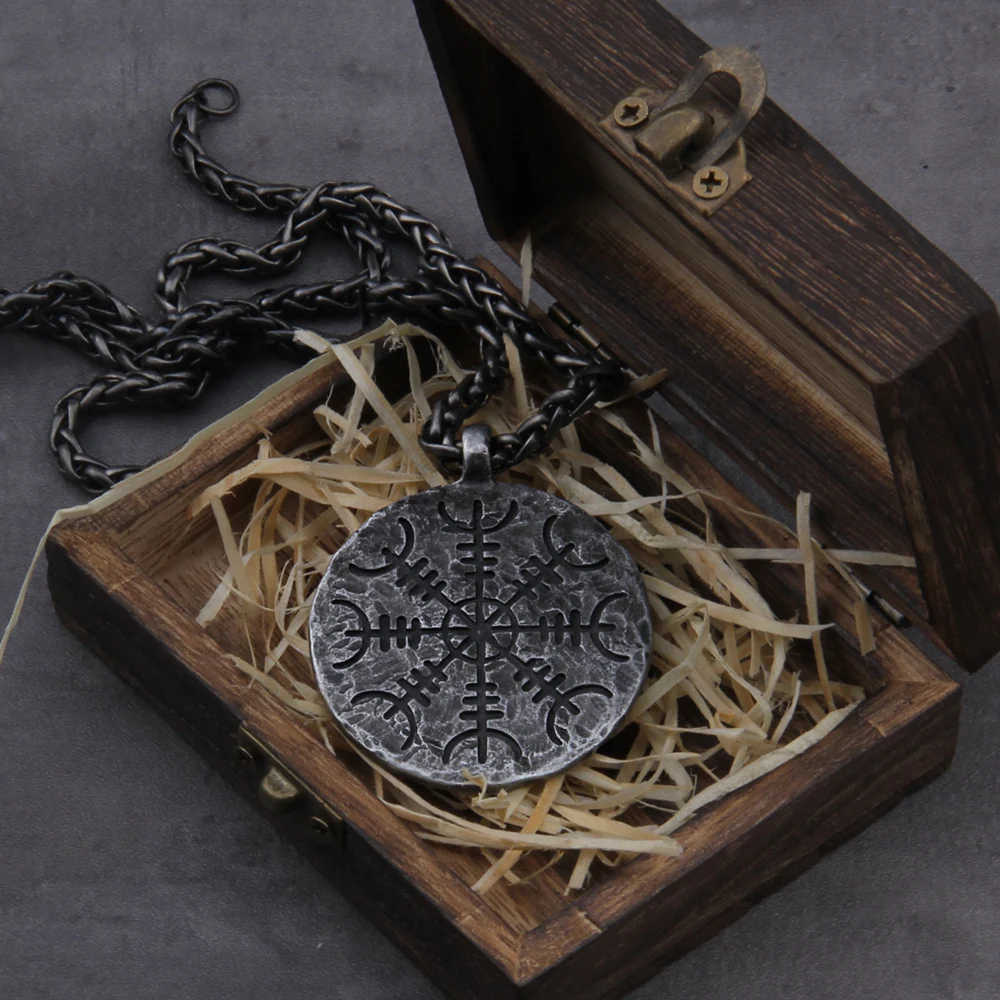 Collier avec pendentif Rune Viking "Helm of Awe" et "Viking Vegvisir", couleur fer, avec chaîne en acier inoxydable, cadeau pour hommes