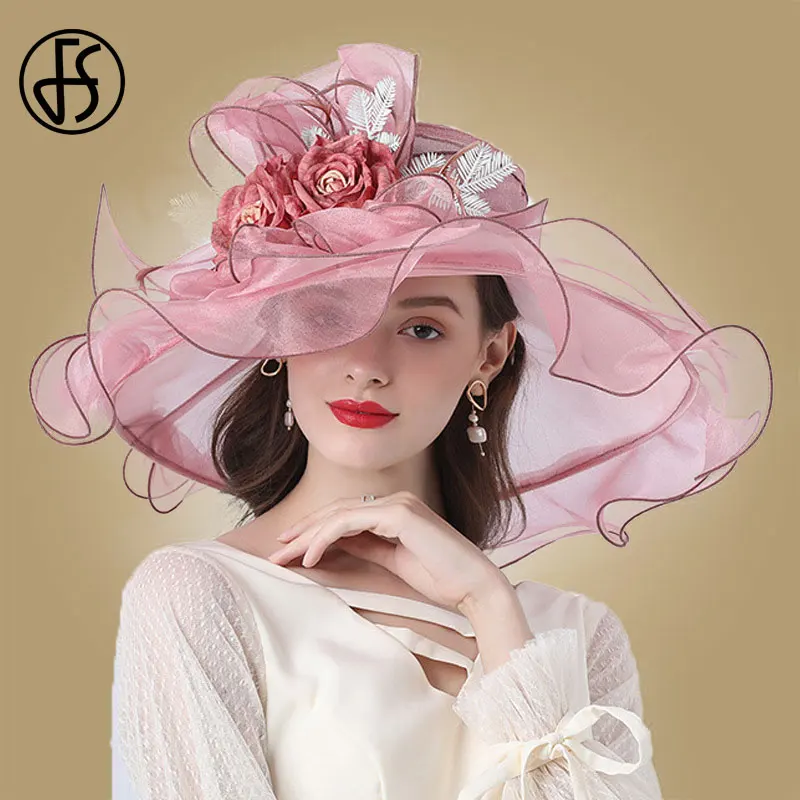 FS Flower Fascinator Hats For Women Ladies Kentucky Derby Wide Brim Wedding Church Organza Sun Hat Elegant Large Fedoras Hats