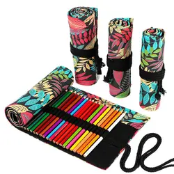 12/24/36/48 Holes Tree Leaf Canvas Roll Pen Curtain Pencil Bag Case Makeup Wrap Holder Storage Pouch School Supplies
