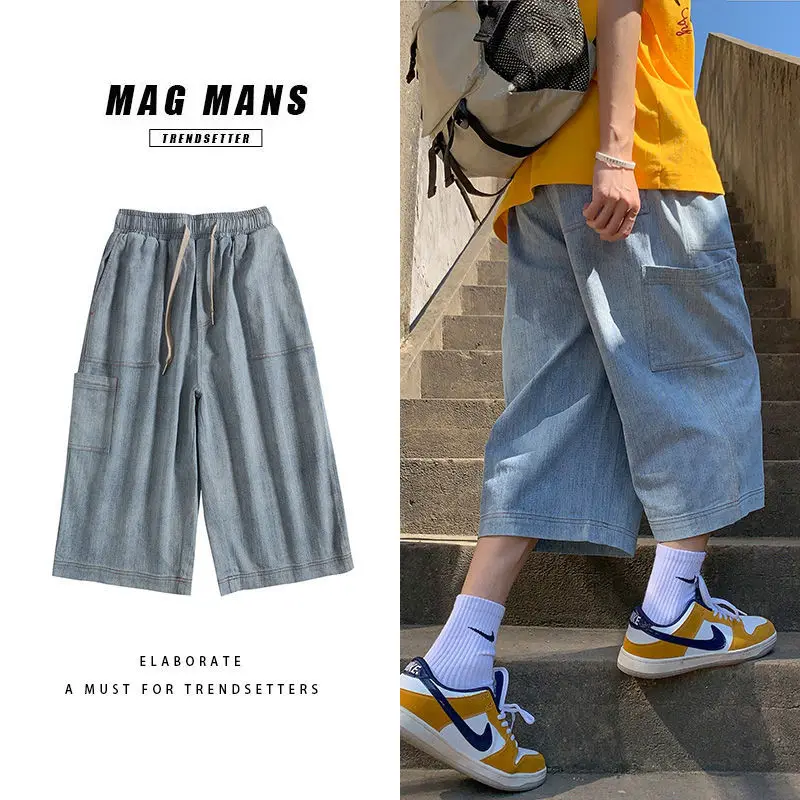 

Cargo Jeans Mens Denim Workwear Cropped Pants Man Summer Loose Straight Wide Leg Shorts Fashion Brand Calf-Length Pants Blue