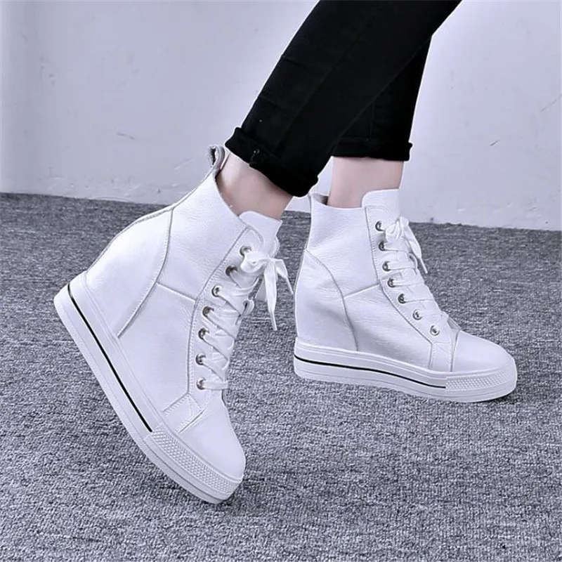 Autumn Winter Lace-up  zipper High-top Genuine Leather Shoes Women Sneakers Shoes High Heels Increase Within Wedges Casual Shoes