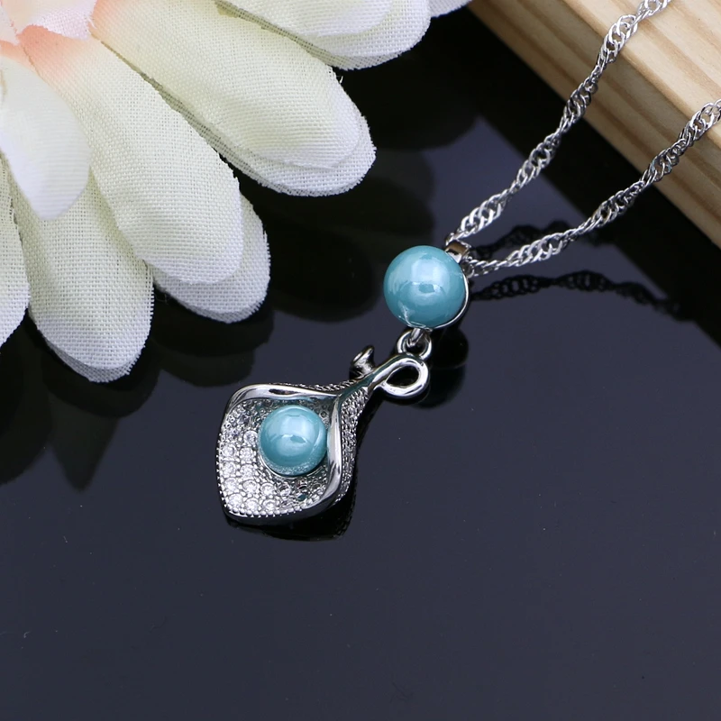Blue Pearls Horn 925 Sterling Silver Bridal Jewelry Sets  For Women Earrings With Stone Plant Design Ring Bracelet/Necklace Set
