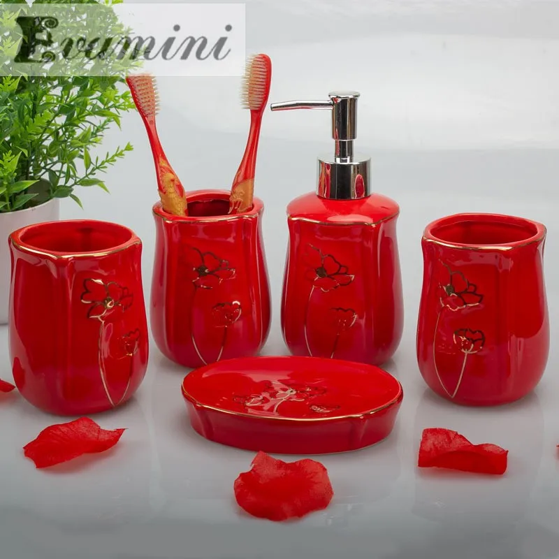 Wedding Gift for Bathroom/Red Ceramic Bathroom Supplies Kit/Toilet Wash Set/Soap Dispenser, Toothbrush Holder, Mouthwash Cu