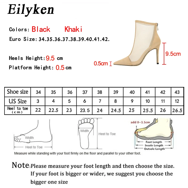 Eilyken Spring Autumn Sexy Mesh Women Ankle Boots Pointed Toe Fashion Zip Ladies Party Stiletto High Heels Shoes Size 34-40