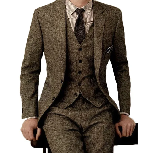 Trajes de negocios de tela de Tweed para hombre, esmoquin para novio, abrigo de fiesta de graduación, pantalones, conjuntos de tres Trajes (+ Pantalones chaleco chaqueta +), invierno