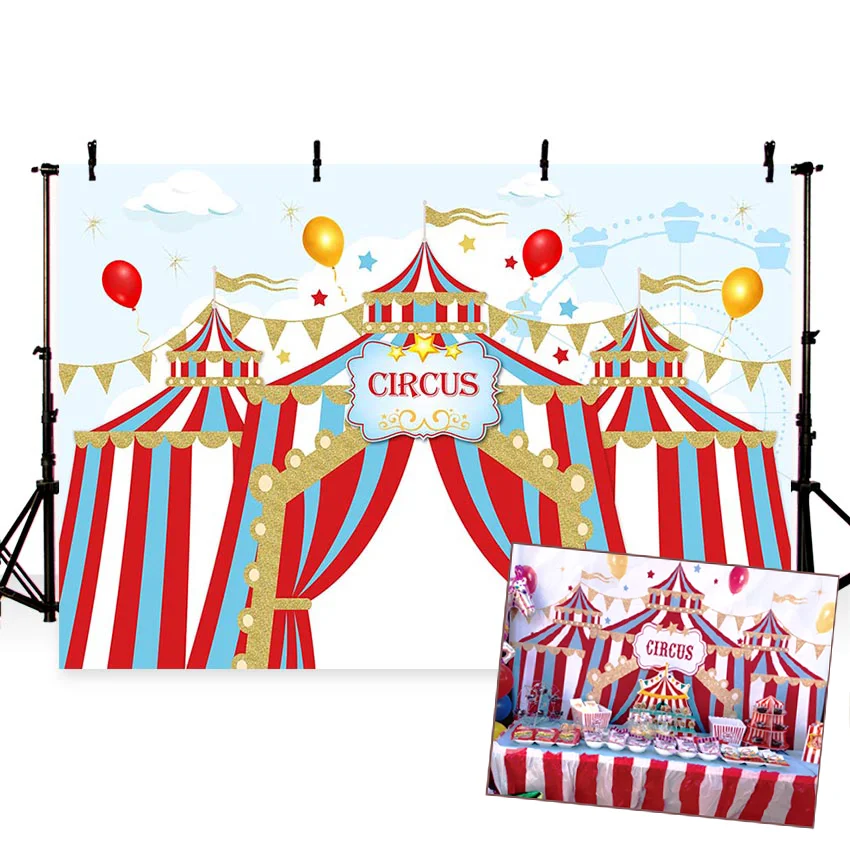 

Mocsicka Circus Theme Backdrop Circus Tents party balloon Baby backdrops celebration children golden flags stars background