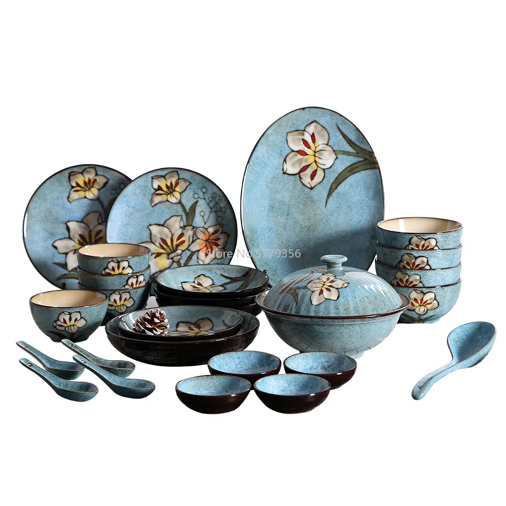 Japanese and Korean Hand-painted Kiln Changing Tableware Set Household Ceramic Rice Bowl Meal Plate Fish Plate Ceramic Tableware