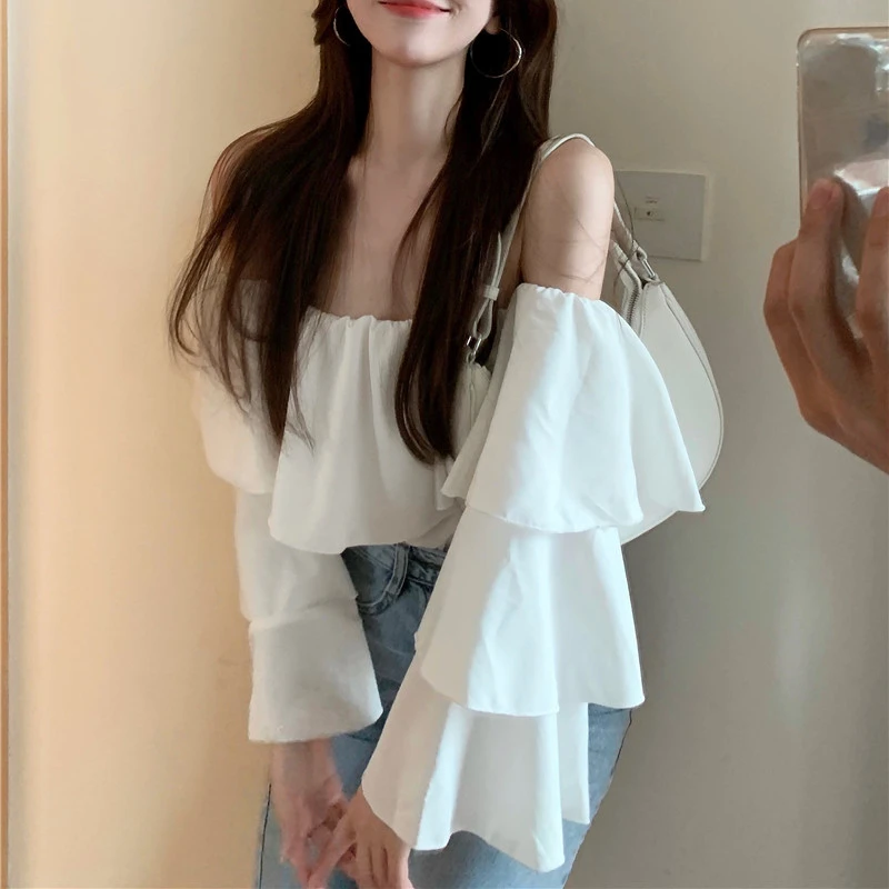 Sexy Blouses Women Camisa De Gasa Summer Thin Pure Color Slash Neck Leisure Folds Streetwear Ladies Korean Design Off Shoulder