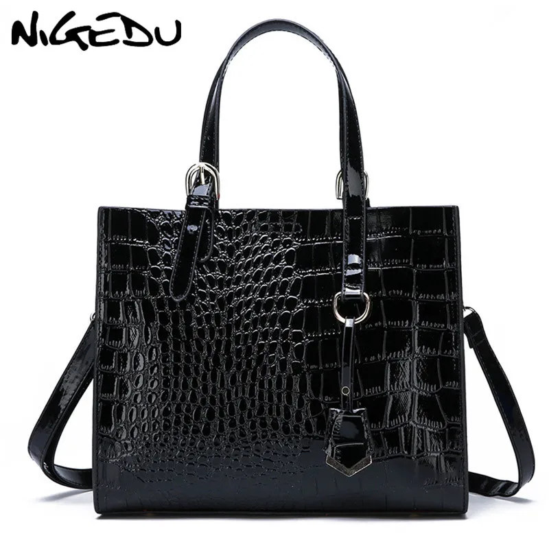 NIGEDU women\'s handbag luxury designer CrocodileMessenger Bags for female Shoulder Bags Patent Leather Ladies Totes big capacity