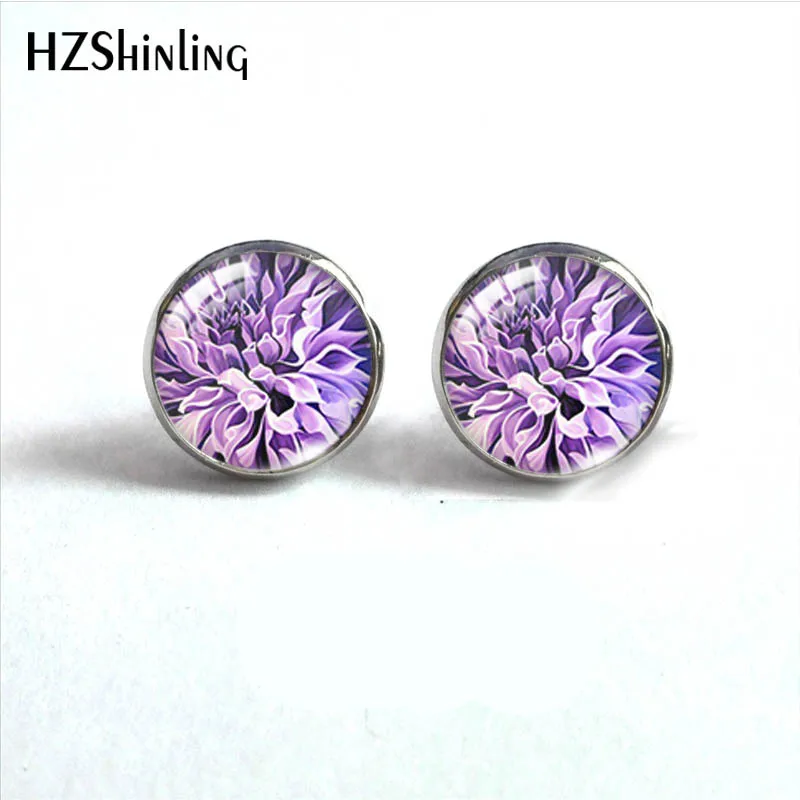 2021 Dahlia Flower Paintings Glass Round Stud Earrings Glass Cabochon Ear Fashion Jewelry