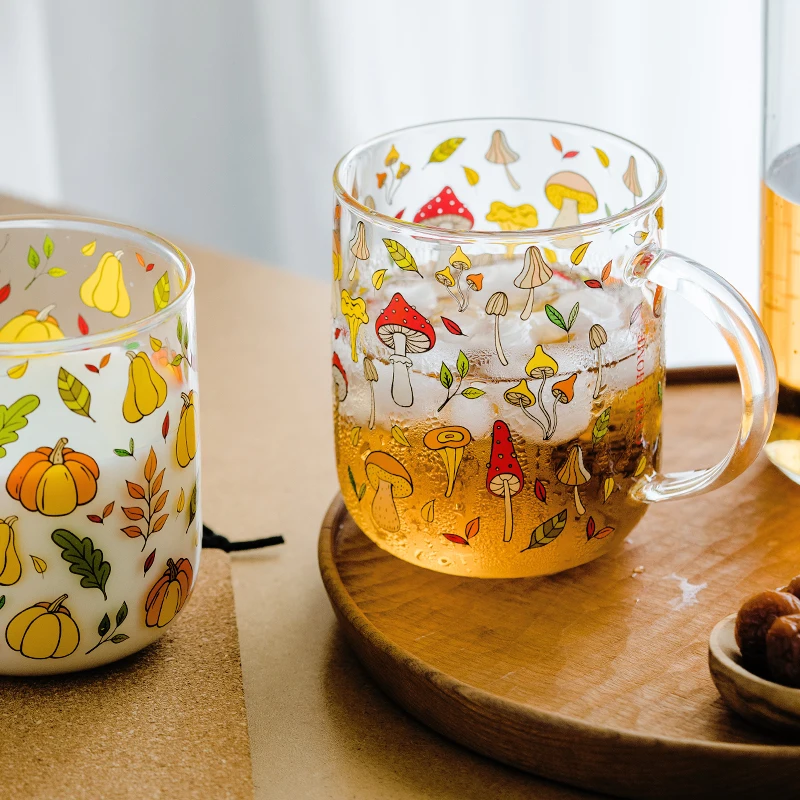 JINYOUJIA-Heat-Resistant Glass Mug with Handle, Breakfast Milk Cup, Cute Office Home Coffee Mugs, Mushroom, Pumpkin Pattern